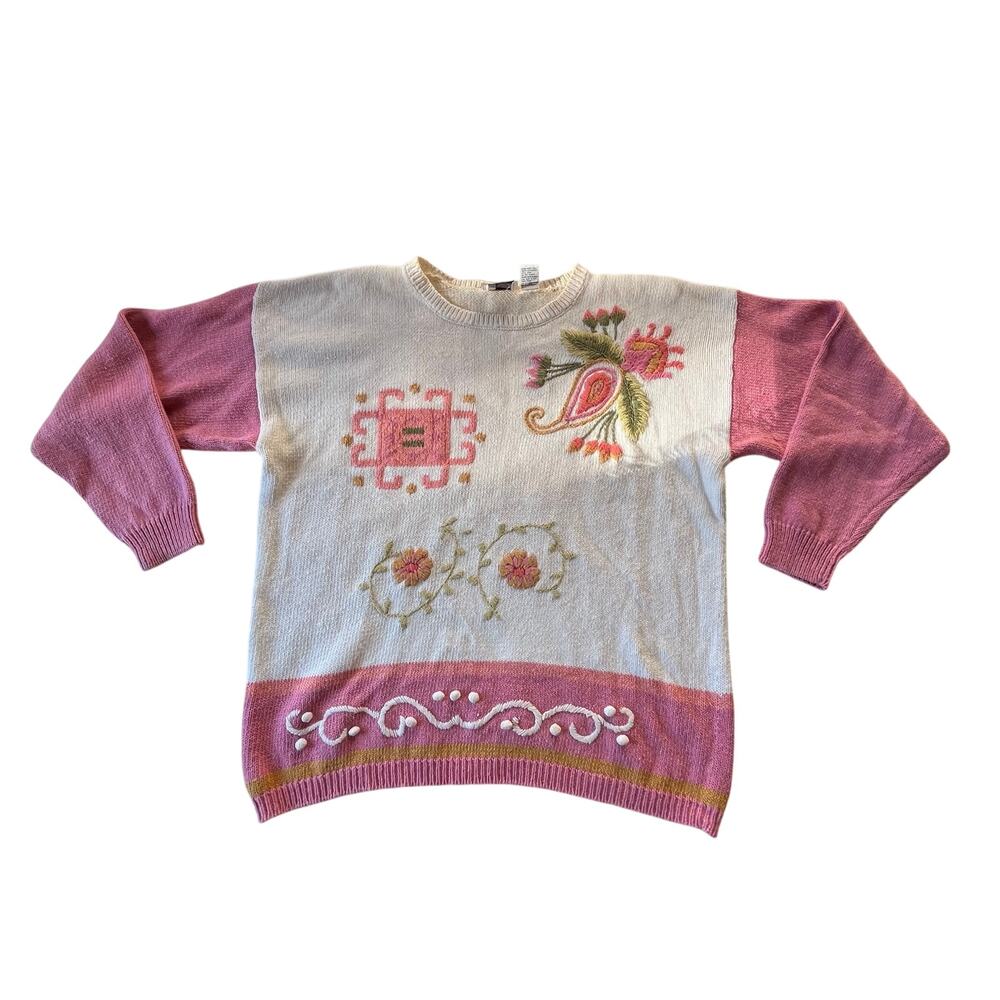 Vtg 80s 90s Pink White Floral Embroidered Knit Pullover Sz L Cottagecore